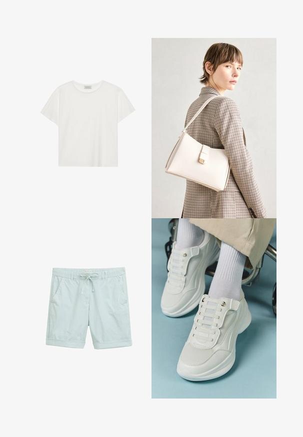 Fehér, rövid ujjú póló, puha pamutból készült. Kerek nyakkivágással és laza szabással rendelkezik. Tiszta dizájn, látható minták vagy díszítések nélkül.; Világoskék csíkos rövidnadrág, könnyű anyagból készült, zsinóros derékkal, felgöngyölt szárakkal és oldalsó zsebekkel.; Fehér sportcipők, amelyek hálós anyagból készültek, gumitalpúak, fűző nélküli kialakítással, rugalmas pántokkal és arany színű kiegészítőkkel rendelkeznek.; Fehér bőr táska strukturált dizájnnal, mágneses záródással és vállpánttal, semleges háttér előtt bemutatva.