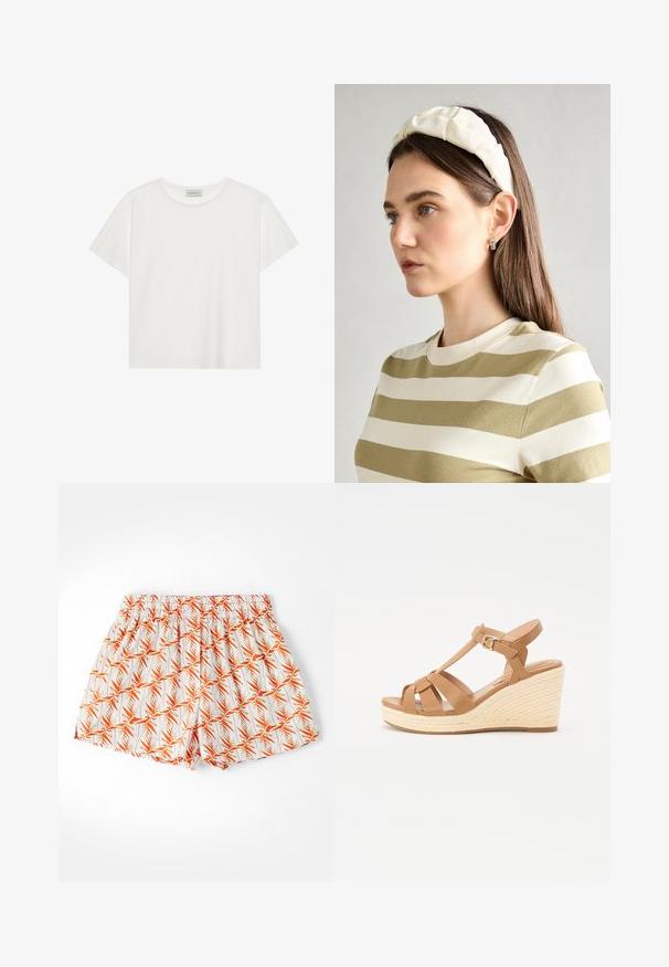 Bílé tričko s krátkým rukávem vyrobené z měkké bavlny. Má kulatý výstřih a volný střih. Čistý design bez viditelných vzorů nebo akcentů.; Bílé šortky s oranžovým vzorem palmového listu, elastický pas a volný střih. Vyrobeno z lehké látky, vhodné pro teplé počasí.; Hnědé klínové sandály s křížovým designem, nastavitelnou přezkou kolem kotníku a texturovaným tkaným klínem ve stylu espadrille.; Krémová polstrovaná čelenka s twist designem, doplněná béžovým a bílým pruhovaným tričkem s kulatým výstřihem. Jemné šperky.