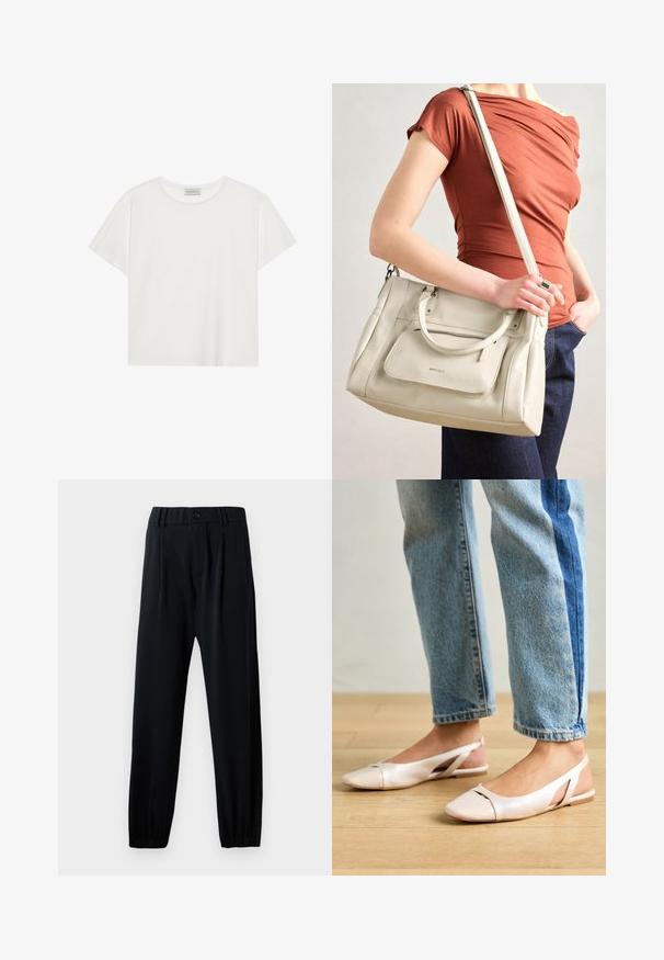 White short-sleeve T-shirt made of soft cotton. Features a round neckline and relaxed fit. Clean design with no visible patterns or accents.; Black, elastic-waist trousers with a button closure, straight leg design, and gathered cuffs. Made from a smooth, lightweight fabric.; Pale pink slingback flats with a pointed toe, made from a smooth leather-like material. Features cut-out details at the sides and a flat heel.; White leather handbag with dual handles and a detachable strap, featuring a front zip pocket and smooth texture. Carrying on a person's arm.