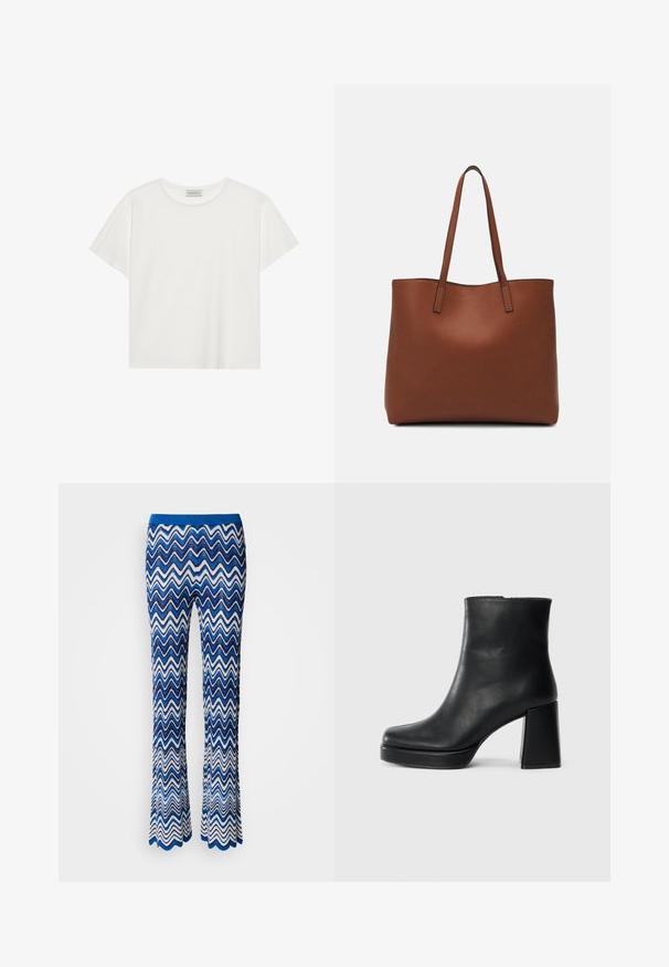 Biała koszulka z krótkim rękawem wykonana z miękkiej bawełny. Posiada okrągły dekolt i luźny krój. Czysty design bez widocznych wzorów czy akcentów.; Niebieskie i białe spodnie w zigzagowy wzór, rozszerzane na dole, wykonane z teksturowanej, lekkiej tkaniny, z kontrastującym niebieskim elastycznym pasem.; Czarne skórzane botki za kostkę z blokowym obcasem i platformą, widok z boku na białym tle.; Brązowa skórzana torba tote o gładkiej fakturze, z otwartym wierzchem i dwoma ramiączkami. Charakteryzuje się minimalnym przeszyciem i brakiem widocznych elementów metalowych.