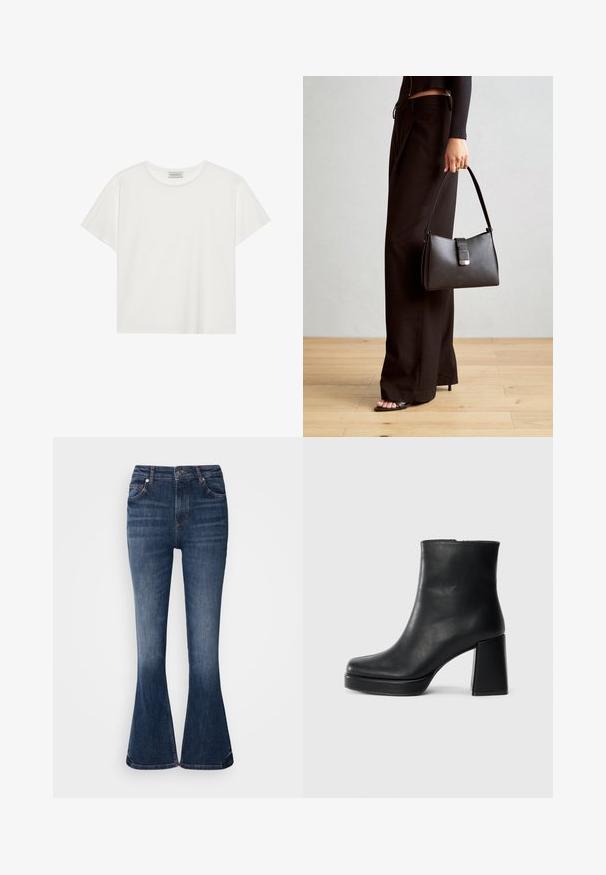 T-shirt blanc à manches courtes en coton doux. Présente un col rond et une coupe décontractée. Design épuré sans motifs ni accents visibles.; Jean flare en denim bleu foncé avec une taille haute, des poches avant et des zones légèrement décolorées sur les cuisses. Détails de coutures à la taille et à l'ourlet.; Bottine en cuir noir avec un talon bloc et une semelle plateforme, vue de côté sur un fond blanc uni.; Sac à main noir à la forme structurée, texture lisse et fermoir métallique. Associé à un pantalon noir ample et des sandales ouvertes sur un sol en bois.