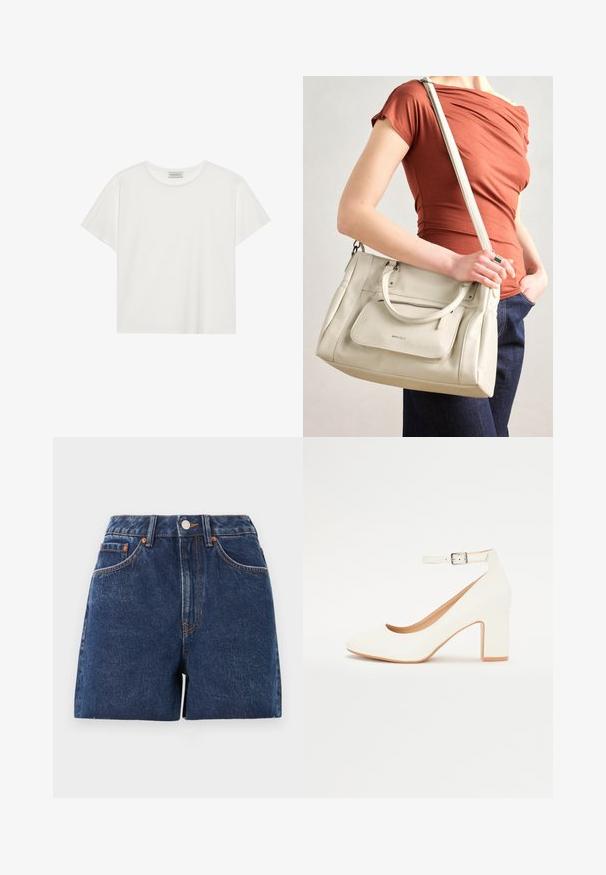 Valkoinen lyhythihainen T-paita, joka on valmistettu pehmeästä puuvillasta. Siinä on pyöreä kaula-aukko ja rento istuvuus. Siisti muotoilu ilman näkyviä kuvioita tai yksityiskohtia.; Tummansinisten farkkuhousujen lyhyet mallit, joissa on korkea vyötärö, viisi taskua, kuparinhohtoinen metalliosat ja kontrastivärinen ommel. Raakareunat lisäävät tekstuuria.; Valkoiset korkokengät, joissa on terävä kärki, paksu korko ja nilkkastrappi. Sileä viimeistely hienovaraisella kiillolla ja beige sisus.; Valkoinen nahkainen käsilaukku, jossa on kaksinkertaiset kahvat ja irrotettava hihna. Edessä on vetoketjullinen tasku ja pinta on sileä. Laukkua kantaa henkilö kyynärvarressaan.