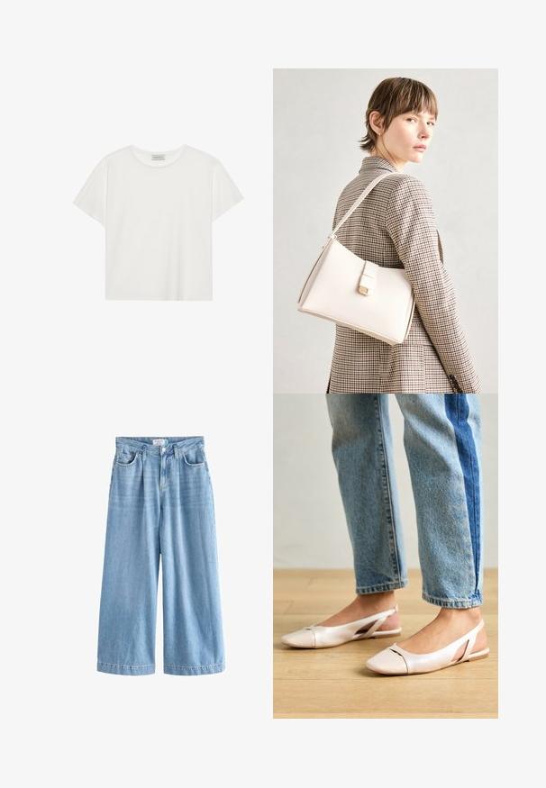 Biele tričko s krátkymi rukávmi vyrobené z jemnej bavlny. Má okrúhly výstrih a voľný strih. Čistý dizajn bez viditeľných vzorov alebo akcentov.; Svetlo modré denimové palazzo džiny so širokými nohavicami, vysokým pásom, prednými vreckami a zapínaním na gombík. Jemná vyblednutá textúra.; Svetloružové slingback baleríny s jemne špicatou špičkou, vyrobené z hladkého materiálu pripomínajúceho kožu. Majú výrezové detaily na stranách a plochý opätok.; Biely kožený kabelka so štruktúrovaným dizajnom, s magnetickým uzáverom a ramenným popruhom, vystavená na neutrálnom pozadí.