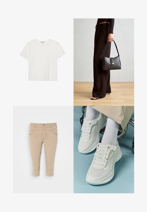 Witte T-shirt met korte mouwen, gemaakt van zachte katoen. Heeft een ronde halslijn en een relaxte pasvorm. Schoon ontwerp zonder zichtbare patronen of accenten.; Beige cropped chinos met een gladde katoenen textuur, voorzien van twee voorzakken en een knoopsluiting bij de taille.; Witte sneakers met een mesh materiaal, rubberen zool, vetersloze uitvoering met elastische banden en gouden accenten.; Zwarte handtas met gestructureerde vorm, gladde textuur en een metalen sluiting. Gecombineerd met brede zwarte broeken en sandalen met open teen op een houten vloer.