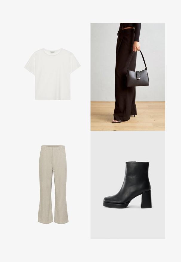T-shirt blanc à manches courtes en coton doux. Présente un col rond et une coupe décontractée. Design épuré sans motifs ni accents visibles.; Pantalons évasés beiges avec un motif en relief texturé, dotés d'une fermeture à bouton avant et de poches. Le tissu semble doux avec un léger éclat.; Bottine en cuir noir avec un talon bloc et une semelle plateforme, vue de côté sur un fond blanc uni.; Sac à main noir à la forme structurée, texture lisse et fermoir métallique. Associé à un pantalon noir ample et des sandales ouvertes sur un sol en bois.