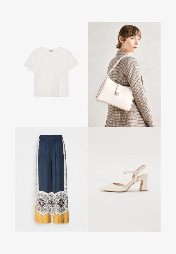 Fehér, rövid ujjú póló, puha pamutból készült. Kerek nyakkivágással és laza szabással rendelkezik. Tiszta dizájn, látható minták vagy díszítések nélkül.; Tengerészkék, bővülő nadrág, rugalmas derékkal, geometrikus mintákkal fehér, zöld és sárga színben az alján és az oldalán.; Hegyes orrú, krémszínű magassarkú cipő, tömbsarkúval. Jellemzője egy vékony bokaheveder kerek csattal és sima bőrszerkezet.; Fehér bőr táska strukturált dizájnnal, mágneses záródással és vállpánttal, semleges háttér előtt bemutatva.