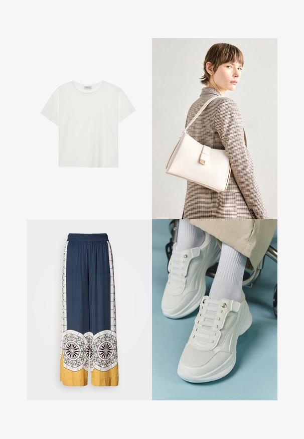 Fehér, rövid ujjú póló, puha pamutból készült. Kerek nyakkivágással és laza szabással rendelkezik. Tiszta dizájn, látható minták vagy díszítések nélkül.; Tengerészkék, bővülő nadrág, rugalmas derékkal, geometrikus mintákkal fehér, zöld és sárga színben az alján és az oldalán.; Fehér sportcipők, amelyek hálós anyagból készültek, gumitalpúak, fűző nélküli kialakítással, rugalmas pántokkal és arany színű kiegészítőkkel rendelkeznek.; Fehér bőr táska strukturált dizájnnal, mágneses záródással és vállpánttal, semleges háttér előtt bemutatva.