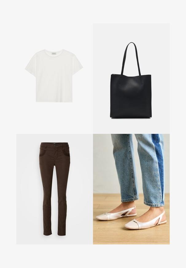 White short-sleeve T-shirt made of soft cotton. Features a round neckline and relaxed fit. Clean design with no visible patterns or accents.; Brown, slim-fit pants made from cotton blend fabric. Features front pockets with decorative stitching, a button closure, and a smooth texture.; Pale pink slingback flats with a pointed toe, made from a smooth leather-like material. Features cut-out details at the sides and a flat heel.; Black leather tote bag with smooth texture, rectangular shape, and two long handles. No visible hardware or embellishments.