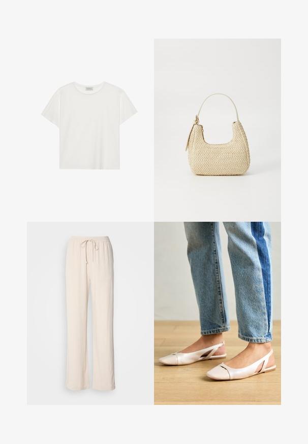 Balts īsām piedurknēm T-krekls, kas izgatavots no mīksta kokvilnas. Tam ir apaļš izgriezums un brīvs piegriezums. Tīrs dizains bez redzamām rakstiem vai akcentiem.; Gai bēšas, brīvā piegriezuma bikses ar elastīgu jostasvietu un aukliņu. Struktūras audums ar sānu šuvju detaļām un platiem kājām.; Bālti rozā siksniņu dzīvokļi ar smailu purngalu, izgatavoti no gludas ādas līdzīgās materiāla. Iezīmē izgriezumu detaļas sānos un platu papēdi.; Aušana salmu rokassoma béigā krāsā ar izliekto formu, īsu rokturi un sānu rāvējslēdzēju. Iespējas teksturēta virsma un minimālistisks dizains.