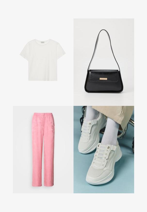 T-shirt branca de manga curta feita de algodão macio. Apresenta um decote redondo e um corte descontraído. Design limpo sem padrões ou detalhes visíveis.; Calças largas e rosas feitas de um tecido texturizado com um padrão de folhas subtil. Apresenta uma cintura alta e frente plissada para um ajuste relaxado.; Tênis brancos com material em rede, sola de borracha, design sem atacadores com faixas elásticas e detalhes em tom dourado.; Bolsa de couro preta com uma forma triangular estruturada, alça fina e metalização dourada, apresentando uma placa de logotipo no flap frontal.