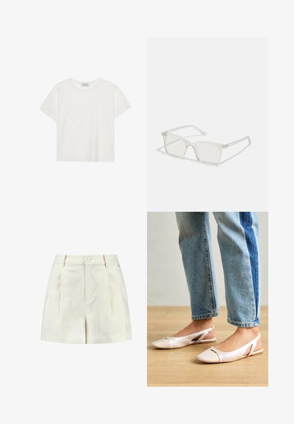 Balts īsām piedurknēm T-krekls, kas izgatavots no mīksta kokvilnas. Tam ir apaļš izgriezums un brīvs piegriezums. Tīrs dizains bez redzamām rakstiem vai akcentiem.; Baltas šorts, izgatavoti no strukturētas auduma, ar taisnu priekšu, divām sānu kabatām un vienu pogu aizdari jostas vietā.; Bālti rozā siksniņu dzīvokļi ar smailu purngalu, izgatavoti no gludas ādas līdzīgās materiāla. Iezīmē izgriezumu detaļas sānos un platu papēdi.; Caursplūstošas kvadrātveida brillēs ar caurspīdīgiem lēcām, ar zelta akcentiem uz tempļiem, lai pievienotu detaļas.