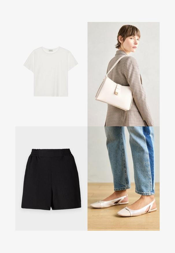 White short-sleeve T-shirt made of soft cotton. Features a round neckline and relaxed fit. Clean design with no visible patterns or accents.; Black shorts with a textured fabric, elastic waistband, and straight cut. Features a clean design with no additional accents or patterns.; Pale pink slingback flats with a pointed toe, made from a smooth leather-like material. Features cut-out details at the sides and a flat heel.; White leather handbag with a structured design, featuring a magnetic clasp and a shoulder strap, showcased against a neutral background.