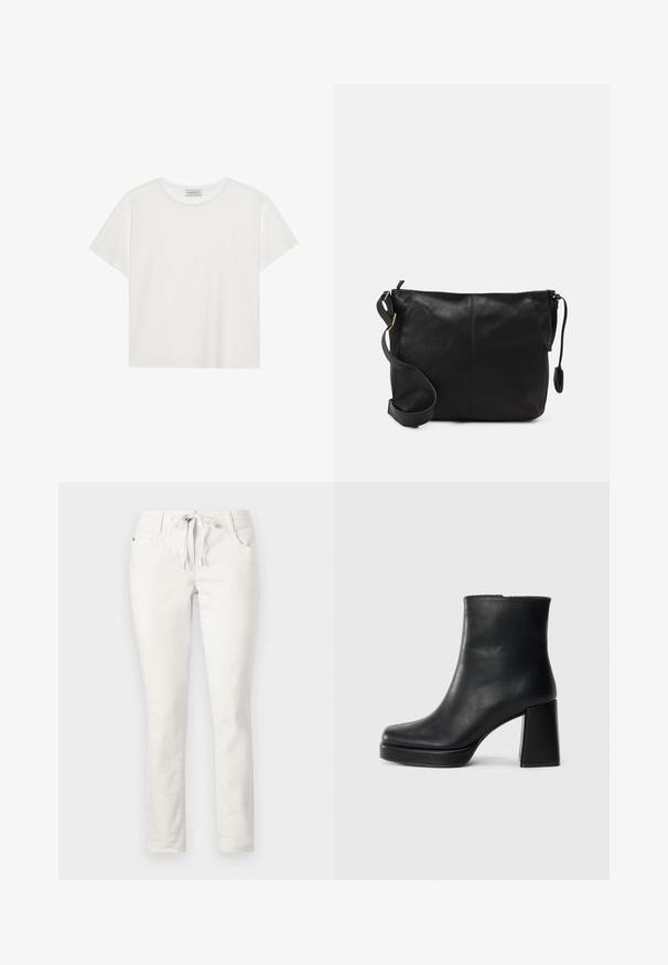 Hvid kortærmet T-shirt lavet af blødt bomuld. Har en rund halsudskæring og en afslappet pasform. Rent design uden synlige mønstre eller accenter.; Hvide, slim-fit bukser med snøre i taljen, frontlommer og en glat tekstur. Velegnede til afslappet brug eller uformelle omgivelser.; Sort læder ankelstøvle med blokhæl og platformssål, set fra siden på en ensfarvet hvid baggrund.; Sort læder crossbody taske med flad form, guld hardware detaljer og justerbar skulderrem. Glat tekstur med minimale syninger.