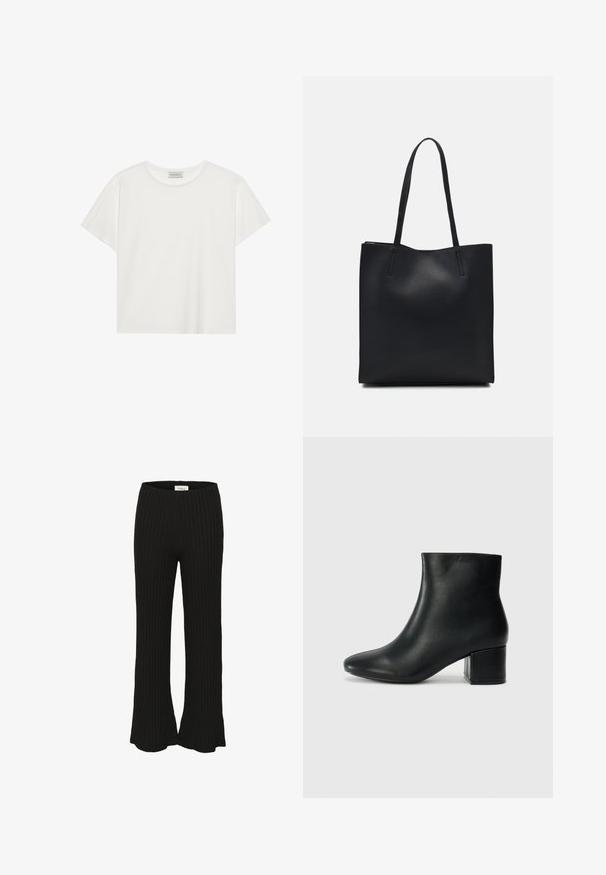 Valge lühikeste varrukatega t-särk, mis on valmistatud pehmest puuvillast. Omab ümmargust kaelust ja mugavat lõiget. Puhtad jooned, ilma nähtavate mustrite või aktsentideta.; Mustad ribilised püksid flare-hemiga, millel on kõrge vöökoht. Tekstuur näib olevat pehme ja elastne, sobib igapäevaseks kandmiseks.; Mustad nahast pahkluu saapad terava varbaga ja jämeda kandaga. Sile tekstuur minimaalse aktsentidega ja stiilne, lihvitud disain.; Mustast nahast kott sujuva tekstuuriga, ristkülikukujuline ja kahe pika sangaga. Pole nähtavat riistvara ega kaunistusi.