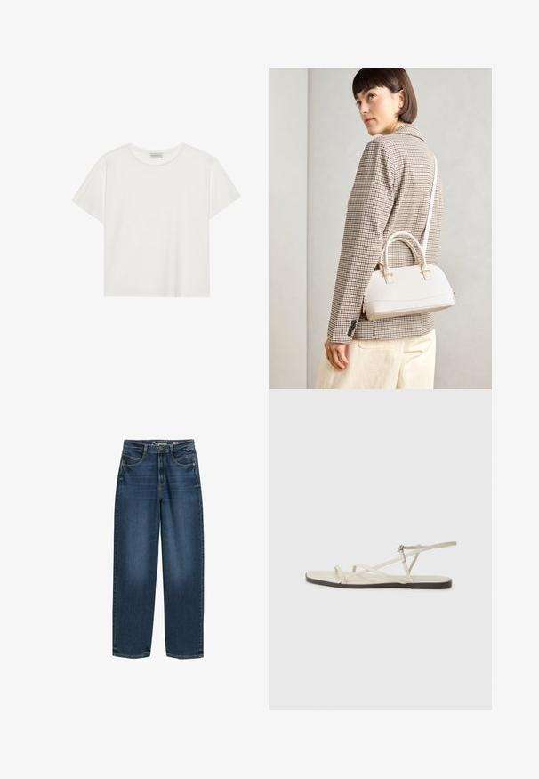 Balta trumpa rankovė T-marškiniai, pagaminti iš minkštos medvilnės. Charakterizuojami apvali kaklo iškirpte ir laisvu siluetu. Švarus dizainas be matomų raštų ar akcentų.; Tamsiai mėlynos plačios kojų džinsai su aukštu liemeniu, priekinėmis kišenėmis ir klasikine džinsine tekstūra. Papuošti subtiliais siuvimo detalėmis ir tiesiomis kelnių apačiomis.; Bežiniai plokšti sandalai su keliais lieknais dirželiais ir reguliuojamu užsegimu. Padas plokščias, su lengvu tamsiu kontrastu krašte.; Balta struktūruota rankinė su trumpomis rankenomis ir peties diržu, su auksinėmis detalėmis ir tekstūruota medžiaga, pastatyta prieš pilką foną.