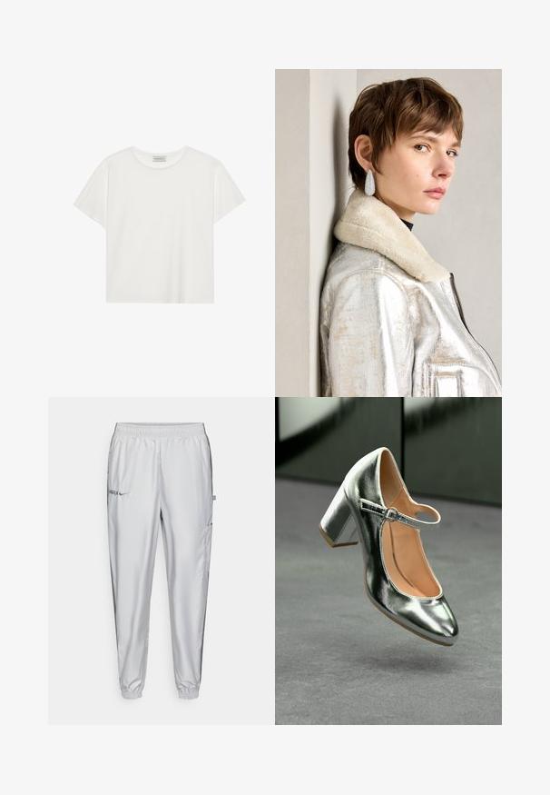 White short-sleeve T-shirt made of soft cotton. Features a round neckline and relaxed fit. Clean design with no visible patterns or accents.; Light gray athletic pants made of smooth fabric, featuring an elastic waistband, side pockets, and embroidered logo details on the front.; Metallic silver Mary Jane heel with a rounded toe, ankle strap, and block heel, featuring a smooth texture and light tan interior.; Silver metallic leather jacket with shearling collar, featuring a zip closure and textured surface. Large teardrop earrings with clear gemstones.