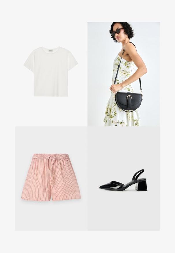 Witte T-shirt met korte mouwen, gemaakt van zachte katoen. Heeft een ronde halslijn en een relaxte pasvorm. Schoon ontwerp zonder zichtbare patronen of accenten.; Lichtroze shorts met verticale rode strepen, gemaakt van zacht materiaal. Voorzien van een elastische tailleband met een trekkoord voor aanpassing.; Zwarte gepatineerde leren slingback hakken met een spitse neus en een geometrische blokhak. Kenmerkt zich door een slank, minimalistisch ontwerp en een gladde textuur.; Zwarte leren handtas met een gebogen vorm, afneembare schouderband en gouden hardware. De tas heeft een klep met een gespsluiting.