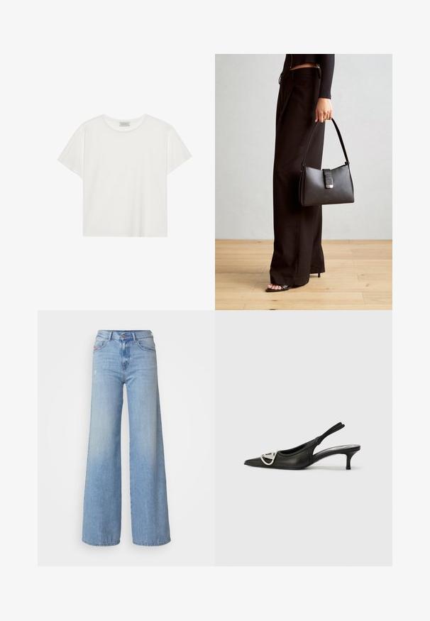 White short-sleeve T-shirt made of soft cotton. Features a round neckline and relaxed fit. Clean design with no visible patterns or accents.; Diesel 1978 D-AKEMI - Flared Jeans - 01; Black leather slingback shoe with a pointed toe, featuring a silver logo accent and a small heel. Smooth texture and minimalist design.; Black handbag with structured shape, smooth texture, and a metallic clasp. Paired with wide black pants and open-toe sandals on wooden floor.