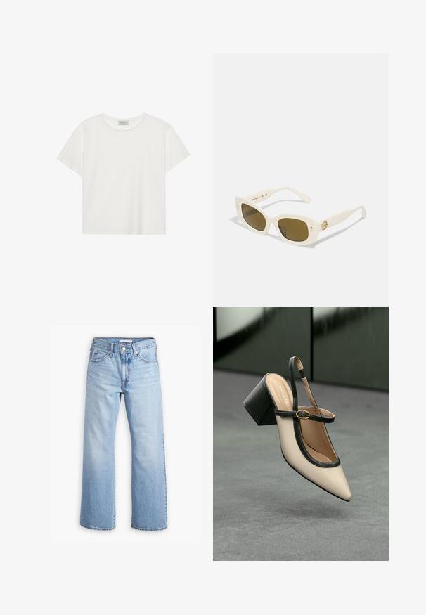Tricou alb cu mânecă scurtă, made din bumbac moale. Are un guler rotund și o croială lejeră. Design curat, fără modele sau accente vizibile.; Jeans din denim de culoare albastru deschis, cu un design cu picioare largi, două buzunare frontale și o închidere frontală cu buton. Prezintă o textură estompată cu cusături vizibile.; Pantof divers în nuanță bej, cu vârf ascuțit, curea de susținere în spate, cu margine neagră, cataramă aurie și toc gros pe un podea gri, cu un fundal verde închis.; Ochelari de soare din plastic alb, cu ramă rectangulară, lentile maro și un accent auriu pe tâmplă. Textură netedă și design modern.
