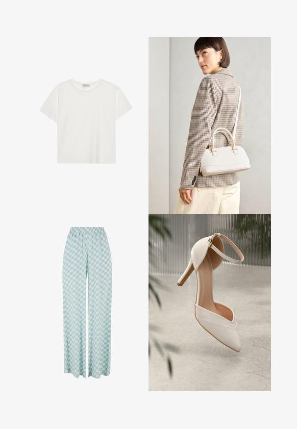Tricou alb cu mânecă scurtă, made din bumbac moale. Are un guler rotund și o croială lejeră. Design curat, fără modele sau accente vizibile.; Pantaloni largi de culoare albastru deschis, cu un model în carouri în nuanțe alternante, având un elastic în talie pentru confort.; Cumpărătură albă cu toc înalt, din material neted, cu vârf ascuțit și bretele pentru glezna. Dispune de un interior de culoare bej deschis și accente din metal aurit.; Geantă structurată albă, cu mânere scurte și curea de umăr, având accente din metal aurit și material texturat, expusă pe un fundal gri.