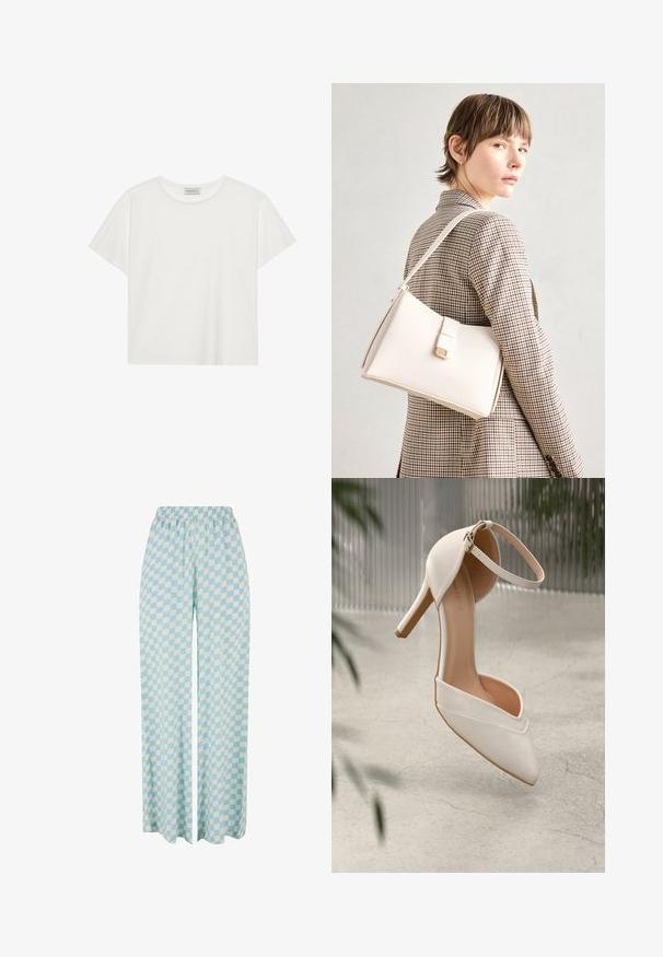 White short-sleeve T-shirt made of soft cotton. Features a round neckline and relaxed fit. Clean design with no visible patterns or accents.; Light blue wide-leg pants featuring a checkered pattern in alternating shades, with an elastic waistband for comfort.; White high-heeled shoe in smooth material with pointed toe and ankle strap. Features a light tan interior and gold-tone hardware accent.; White leather handbag with a structured design, featuring a magnetic clasp and a shoulder strap, showcased against a neutral background.
