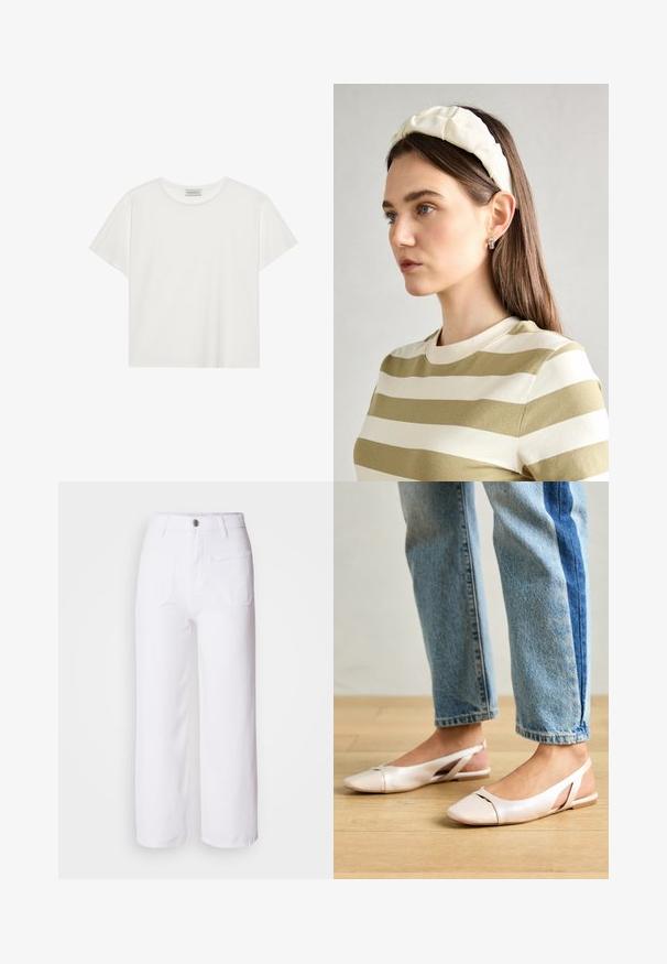 White short-sleeve T-shirt made of soft cotton. Features a round neckline and relaxed fit. Clean design with no visible patterns or accents.; White denim wide-leg pants with a button closure, belt loops, two front pockets, and a single back pocket. Durable and textured fabric.; Pale pink slingback flats with a pointed toe, made from a smooth leather-like material. Features cut-out details at the sides and a flat heel.; Cream padded headband with twisted design, paired with a beige and white striped shirt featuring a round neckline. Subtle jewelry accents.