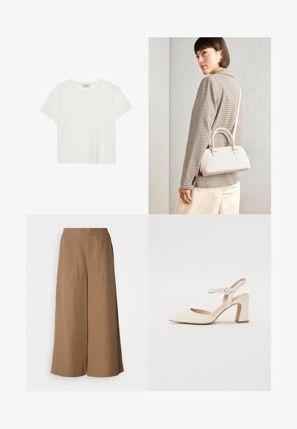 Tricou alb cu mânecă scurtă, made din bumbac moale. Are un guler rotund și o croială lejeră. Design curat, fără modele sau accente vizibile.; Pantaloni largi dintr-un țesut de culoare maro deschis. Au o talie elastică înaltă, buzunare laterale și o textură netedă.; Pantof cu vârful ascuțit, de culoare crem, cu toc pătrat. Dispune de o curea subțire la glezna cu o cataramă rotundă și o textură netedă a pielii.; Geantă structurată albă, cu mânere scurte și curea de umăr, având accente din metal aurit și material texturat, expusă pe un fundal gri.