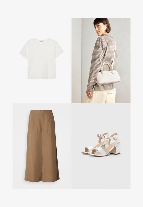 White short-sleeve T-shirt made of soft cotton. Features a round neckline and relaxed fit. Clean design with no visible patterns or accents.; Wide-leg trousers in a light brown, woven fabric. Features a high elastic waistband, side pockets, and a smooth texture.; Silver high-heeled sandals with open toes, featuring two wide straps and a rounded block heel. Smooth texture with metallic finish.; White structured handbag with short handles and a shoulder strap, featuring gold hardware accents and textured material, displayed against a grey background.