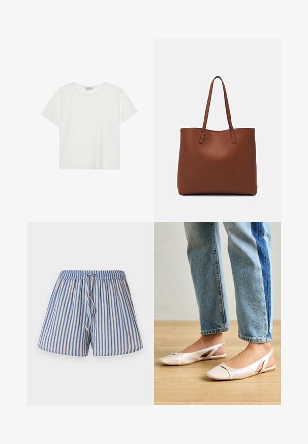 Balta trumpa rankovė T-marškiniai, pagaminti iš minkštos medvilnės. Charakterizuojami apvali kaklo iškirpte ir laisvu siluetu. Švarus dizainas be matomų raštų ar akcentų.; Dryžuoti šortai smėlio ir mėlynos spalvos, su elastinga juosta ir reguliuojamu raiščiu, pagaminti iš lengvos medžiagos.; Šviesiai rožiniai slingback baleto bateliai su smailiu pirštu, pagaminti iš lygios odai panašios medžiagos. Yra išpjovimų detalės šonuose ir plokščias kulnas.; Ruda odinė priekabų krepšys su glotnia tekstūra, atviru viršumi ir dviem petnešomis. Su minimalia siuvimo detalėmis ir nematoma aparatūra.