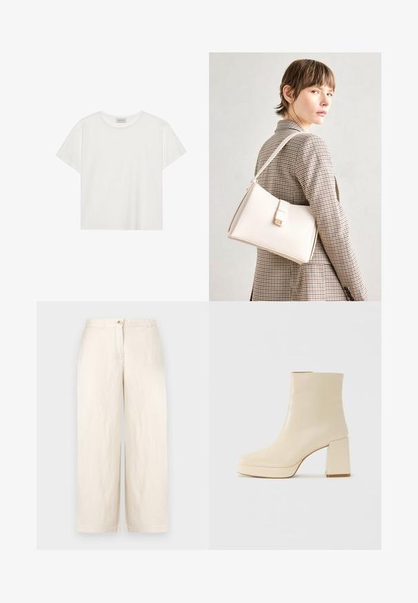 Hvit T-skjorte med kort erm laget av myk bomull. Har rund hals og avslappet passform. Rent design uten synlige mønstre eller aksenter.; Beige vidt gående bukser i et let stof, med knaplukning, bæltestropper og rene sømme. Glat tekstur og minimalistisk design.; Beige lærankelstøvlett med blokkhæl og plattformsåle, glatt overflate og lett firkantet tå, vendt mot venstre på hvit bakgrunn.; Hvit lær veske med en strukturert design, med magnetlås og skulderstropp, vist mot en nøytral bakgrunn.