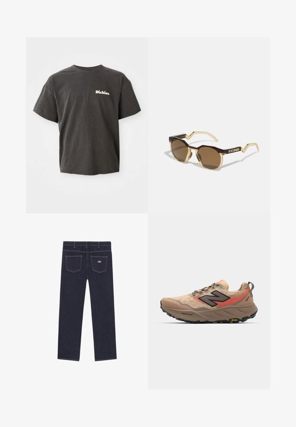 Tumehall särk lühikeste varrukatega, millel on vasakul rinnal valge "Dickies." logo, ümar kaelus ja mugav lõige.; Tumedad sinised teksapüksid otse lõikega, millel on kaks tagumist taskut ja kontrastsed kollased õmblused. Brändi silt paremas taskus.; Beige jooksutossud, millel on võrkmaterjalist ülemine osa, mustad ja punased aktsendid ning Vibram tald. Omab pehmendatud krae ja tekstureeritud pinda haardumise tagamiseks.; Pruunid ümmargused prillid, millel on kilpkonnamustriline ja läbipaistev helekollane raam, nurgaotsad ja tekstuuriga detailid templitel.