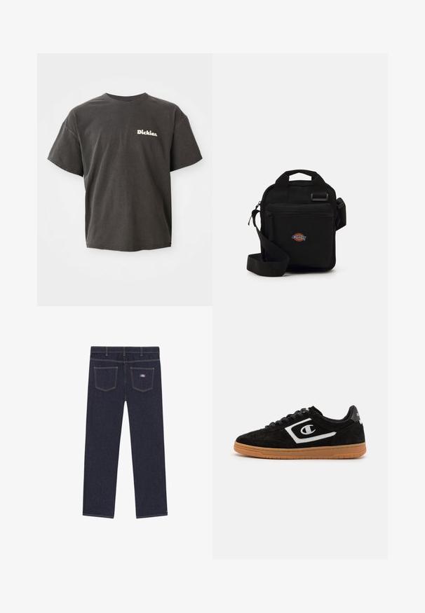 Mørkegrå kortermet t-skjorte med "Dickies."-logo i hvitt på venstre bryst, rund hals og avslappet passform.; Mørkeblå denimbukser med rett snitt, som har to baklommer og kontrasterende gul søm. Merkelappen er på høyre lomme.; Svart semsket sneakers med hvitt logo, snørelukking og gummisåle. Har en jevn tekstur og avrundet form.; Svart crossover-veske med en glidelåslomme, rektangulær form, laget av stoff, med et logo-påbud på forsiden, justerbar skulderrem.