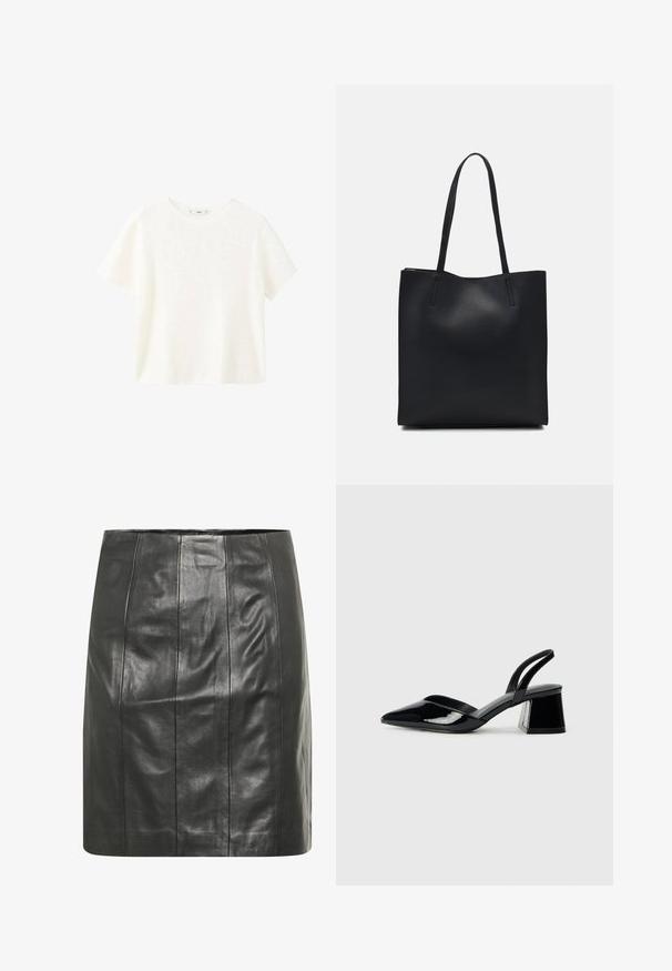 Weißes kurzärmliges, geripptes Oberteil mit Rundhalsausschnitt. Weicher Stoff und lässige Passform, einfaches Design ohne zusätzliche Muster.; Schwarzer Lederrock mit einer figurbetonten Silhouette, der vertikale Nähte für zusätzliche Textur und ein glattes Finish aufweist.; Schwarze Lackleder-Slingback-High Heels mit spitzem Schuh und einem geometrischen Blockabsatz. Verfügt über ein schlankes, minimalistisches Design und eine glatte Textur.; Schwarze Laptoptasche aus Leder mit glatter Textur, rechteckiger Form und zwei langen Griffen. Keine sichtbaren Beschläge oder Verzierungen.