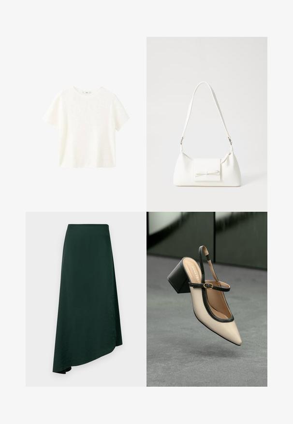 Bela kratka majica s kratkimi rokavi in ribanim tekstilom ter okroglim izrezom. Mehak material in sproščen kroj, ki se ponaša s preprostim dizajnom brez dodatnih vzorcev.; Temnozelena zavita krila, izdelana iz gladkega materiala, z asimetričnim robom in brezšivnim pasom za čist izgled.; Bežna slingback čevlja z uskim sprednjim delom, črnimi detajli, zlatim zaponko in debelim blokovskim peto na sivi tleh s temno zeleno ozadje.; Bela sintetična torbica v obliki trikotnika, z ravnim sprednjim poklopcem in detajlom mašne, nastavljivim trakom, gladko teksturo in minimalističnim dizajnom.