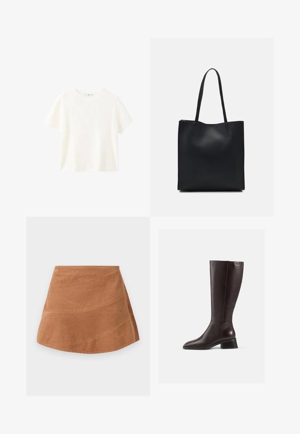 White short-sleeve ribbed top with a round neckline. Soft texture and relaxed fit, featuring a simple design without additional patterns.; Brown corduroy mini skirt with a flared design, featuring a smooth texture and subtle vertical lines from the fabric's ribbed pattern.; Knee-high brown leather boots with a smooth finish, rounded toe, and a stacked black heel. Simple design with minimal hardware details.; Black leather tote bag with smooth texture, rectangular shape, and two long handles. No visible hardware or embellishments.