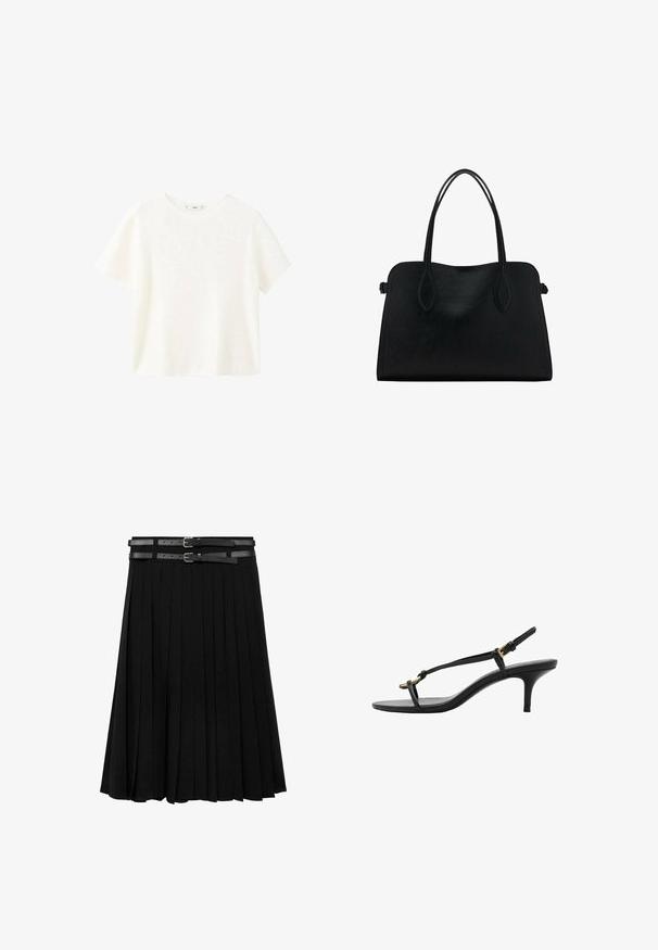 Bijela kratka majica s kratkim rukavima i okruglim izrezom. Mekana tekstura i opušteni kroj, s jednostavnim dizajnom bez dodatnih uzoraka.; Crna plisirana suknja s dva kožna remena s srebrnim kopčama u struku. Izrađena od glatkog, fluidnog materijala.; Crne kožne sandale s kitten heel potpeticama, tankim trakama, zlatnom kopčom i minimalističkom petom za prste, na bijeloj pozadini.; Crna kožna torba s dvostrukim naramenicama, pravokutnog oblika i minimalističkim dizajnom na bijeloj pozadini.