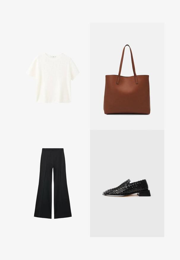 White short-sleeve ribbed top with a round neckline. Soft texture and relaxed fit, featuring a simple design without additional patterns.; Black wide-leg pants with a smooth texture, featuring front pleats and a tailored design. The fabric is lightweight and flowy.; Black leather woven slip-on shoe with low block heel and scalloped edge detail, displayed on a white background.; Brown leather tote bag with a smooth texture, open top design, and two shoulder straps. Features minimal stitching and no visible hardware.