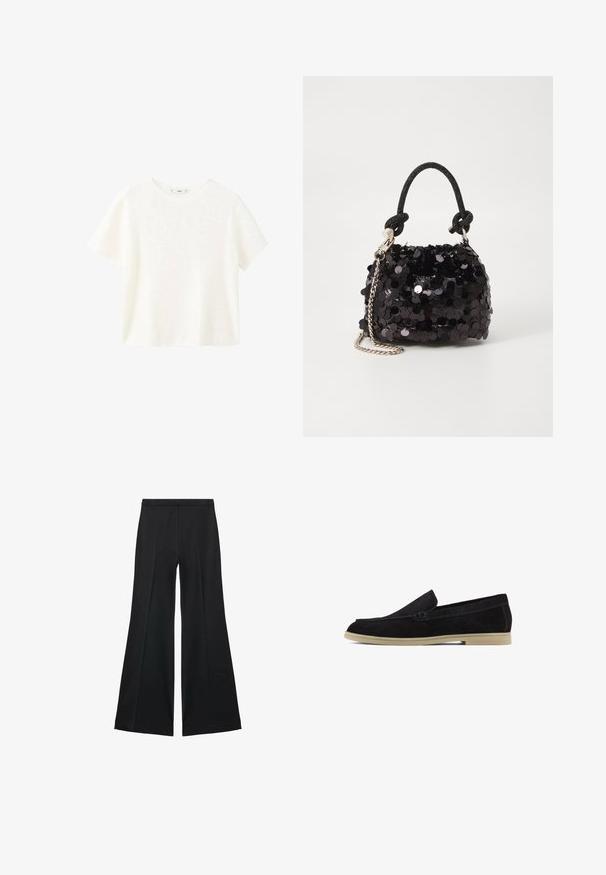 Hvid kortærmet ribbet top med rund halsudskæring. Blød tekstur og afslappet pasform, med et enkelt design uden yderligere mønstre.; Sorte brede bukser med en glat tekstur, der har fremadrettede folder og en skræddersyet design. Stofferne er lette og flerdimensionelle.; Sorte ruskinds loafers med en flad beige sål, som har et syet design og en strømlinet slip-on stil, der er velegnet til afslappet brug.; Sort pailette mini håndtaske med en knyttet struktureret rem og sølv kæde. Rund form med samlet top og reflekterende detaljer.