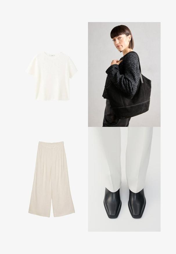 White short-sleeve ribbed top with a round neckline. Soft texture and relaxed fit, featuring a simple design without additional patterns.; Linen wide-leg pants in a light beige color with a pleated design and an elastic waistband for comfort and ease of wear.; Black leather ankle boots with a pointed toe and a low stacked heel, paired with white wide-leg trousers. Smooth texture, sleek design.; Black suede tote bag with a smooth texture, structured shape, and contrasting stitching. Features long straps for shoulder carry.