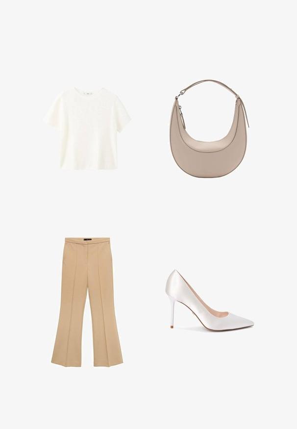 White short-sleeve ribbed top with a round neckline. Soft texture and relaxed fit, featuring a simple design without additional patterns.; Beige flared trousers in a smooth fabric, featuring front pleats and a tailored design, with a high waist and no visible fastenings.; Pointed-toe high heel shoe in satin white material, featuring a sleek silhouette and a glossy white stiletto heel.; Beige leather shoulder bag with a crescent shape, smooth texture, and a single curved handle. Features a zip closure and neat stitching.
