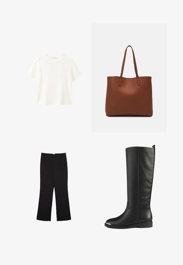 Top blanc à manches courtes en ribbed avec un col rond. Texturé doux et coupe décontractée, présentant un design simple sans motifs supplémentaires.; Pantalon noir avec une coupe droite, doté de poches avant et d'éclairs sur l'ourlet. Fabriqué en tissu doux et lisse. Convient à diverses occasions.; Bottes en cuir noir montantes avec une texture lisse, bout rond et accent en argent sur le bout. Dotées d'un talon bas et plat et d'un design sans couture.; Sac fourre-tout en cuir marron avec une texture lisse, design à ouverture supérieure et deux poignées pour le porter à l'épaule. Présente des coutures minimales et aucun matériel visible.