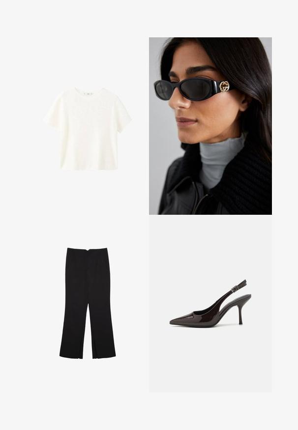 Bijela kratka majica s kratkim rukavima i okruglim izrezom. Mekana tekstura i opušteni kroj, s jednostavnim dizajnom bez dodatnih uzoraka.; Crne hlače ravnog kroja, s prednjim džepovima i bočnim prorezima na rubu. Izrađene od mekog i glatkog materijala. Pogodne za razne prigode.; Sandalice na visokom potpetici od sjajnog tamnosmeđeg lakiranog kože, s oštrim vrhom, otvorenim stranama i podesivom naramenicom.; Crne sunčane naočale sa elegantnim pravokutnim okvirom i zlatnim logotipom na strani. Tamna stakla i sjajni finiš su istaknuti.; Svijetlosivi kožni torba s oblikom u slovo U i zakrivljenim metalnim drškom. Glatka tekstura s minimalnim šavovima i bez vidljivih uzoraka.