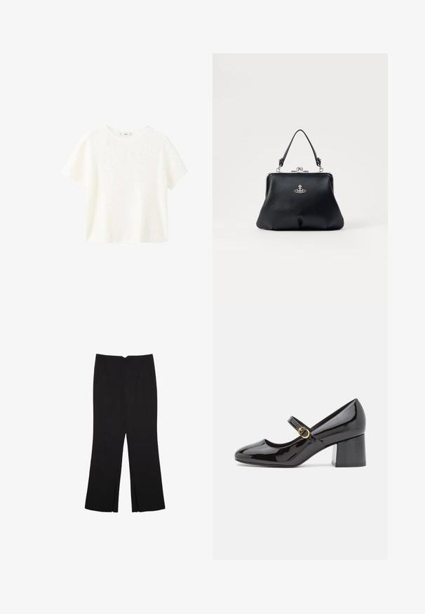 Witte ribbeltop met korte mouwen en een ronde hals. Zachte textuur en een relaxte pasvorm, met een eenvoudig ontwerp zonder extra patronen.; Zwarte broek met een rechte pasvorm, voorzien van zijzakken en plooien aan de onderzijde. Gemaakt van zachte, gladde stof. Geschikt voor verschillende gelegenheden.; Stuart Weitzman STUART - Klassieke pumps - black; Zwarte leren handtas met een gestructureerde oppervlakte, zilveren hardware, sluiting met een haak, en een korte handgreep om te dragen. Compacter en gestructureerd ontwerp.