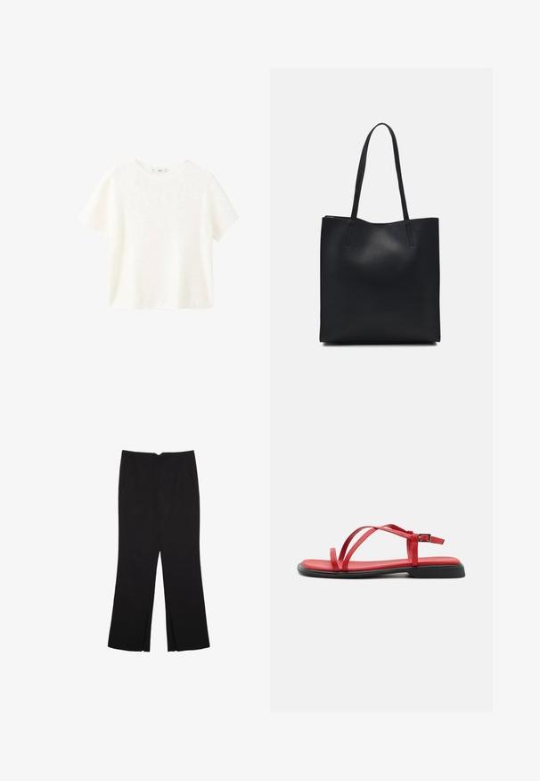 Bela kratka majica s kratkimi rokavi in ribanim tekstilom ter okroglim izrezom. Mehak material in sproščen kroj, ki se ponaša s preprostim dizajnom brez dodatnih vzorcev.; Črne hlače ravnega kroja z naglavnimi žepi in stranskimi razporki na robu. Narejene iz mehke, gladke tkanine. Primerne za različne priložnosti.; Rdeče ravne sandale z ozkimi trakovi, zaponko in črnimi gumijastimi podplati. Gladka tekstura in minimalističen dizajn, vključno z oblikovanim notranjim podplatom.; Črna usnjena torba s svilnato teksturo, pravokotne oblike in dvema dolgima ročajema. Brez vidnih metalnih delov ali okrasnih elementov.