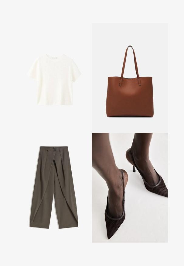 Bijela kratka majica s kratkim rukavima i okruglim izrezom. Mekana tekstura i opušteni kroj, s jednostavnim dizajnom bez dodatnih uzoraka.; Hlače širokog kroja izrađene od teksturirane tamnosive tkanine. Imaju prednji plis, kopčanje na gumb i bočne džepove za praktičnost.; Smeđe salonke s špicastim prstima koje se odlikuju teksturiranom mrežicom, slingback dizajnom i tankim štiklama, postavljene na neutralnu pozadinu.; Smeđa kožna torba preko ramena s glatkom teksturom, otvorenim vrhom i dvjema naramenicama. Ima minimalne šavove i nema vidljivog hardvera.