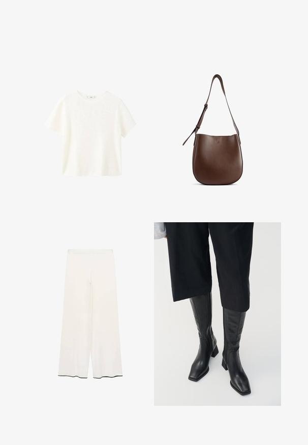 Bijela kratka majica s kratkim rukavima i okruglim izrezom. Mekana tekstura i opušteni kroj, s jednostavnim dizajnom bez dodatnih uzoraka.; Hlače širokih nogavica od kremasto bež tkanine s glatkom teksturom. Imaju čist pojas i crni rub duž donjeg dijela za kontrast.; Crne kožne čizme do koljena s četvrtastim vrhom i blok petom. Imaju bočni zatvarač i glatku teksturu.; Smeđa kožna torba za rame s glatkom teksturom, zakrivljenim oblikom i podesivim remenom. Sadrži suptilno brendiranje s prednje strane.
