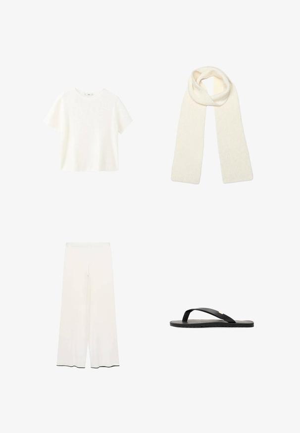 Weißes kurzärmliges, geripptes Oberteil mit Rundhalsausschnitt. Weicher Stoff und lässige Passform, einfaches Design ohne zusätzliche Muster.; Cremfarbene Hose mit weitem Bein aus einem glatten Stoff. Verfügt über einen klaren Bund und schwarzen Besatz entlang des Saums für den Kontrast.; Schwarze Flip-Flop-Sandale mit flacher Sohle, strukturiertem schwarzen Fußbett, glatten Riemen und einem kleinen goldenen Akzent nahe dem Zehensteg.; Weiche, gestrickte cremeweiße Schal, locker oben gefaltet, mit beiden Enden, die gerade nach unten hängen.; Schwarze Lederhandtasche mit strukturiertem Design, oberem Griff und einem goldenen Metallschnappverschluss auf der Vorderseite. Glatte Textur, minimale Nähte.