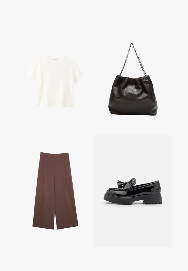 Valkoinen lyhythihainen ribbipaita, jossa on pyöreä pääntie. Pehmeä materiaali ja rento istuvuus, yksinkertainen muotoilu ilman lisäkuvioita.; Ruskeat leveälahkeiset housut, joissa on sileä pinta, korkea vyötärö ja etupleat. Kangas on kevyttä ja laskeutuu väljänä.; Musta lakattu nahkakengät paksuine pohjineen, joissa on koristeellinen hapsu ja kudontayksityiskohtia päällä. Tasainen pinta kaikkialla.; Ruskea nahkainen laukku, jossa on kerätty yläosa ja ketjuhihna. Tasainen pinta, jossa kiiltävä viimeistely ja hienovaraiset sauman yksityiskohdat sivuilla.
