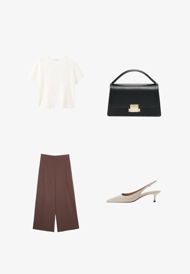 White short-sleeve ribbed top with a round neckline. Soft texture and relaxed fit, featuring a simple design without additional patterns.; Brown wide-leg trousers with a smooth texture, featuring a high waist and front pleats. The fabric is lightweight and flows loosely.; Beige slingback heels with a pointed toe and a low, flared heel. Made from smooth leather with a minimalistic design and adjustable strap.; Black leather handbag with a structured design, top handle, and a gold metal clasp detail on the front. Smooth texture, minimal stitching.
