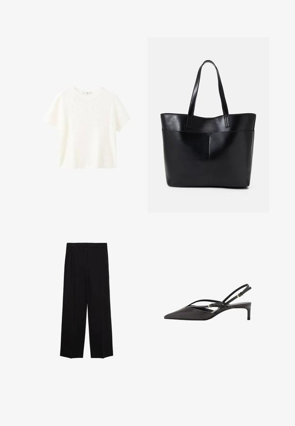 White short-sleeve ribbed top with a round neckline. Soft texture and relaxed fit, featuring a simple design without additional patterns.; Black wide-leg trousers with a smooth fabric, featuring pleats at the front and side pockets, designed with a straight, relaxed cut.; Black leather slingback pump with a pointed toe, slender ankle straps, and a low stiletto heel. Smooth texture with minimalistic design.; Black leather tote bag with two long handles, a smooth texture, and a structured shape. Features a front pocket for additional storage.